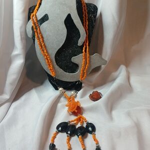 Orange and Black Turtle  Beaded Necklace